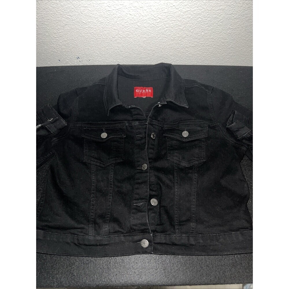 Guess Los Angeles Womens Black Denim Jacket M Tape Logo Short Semi Crop